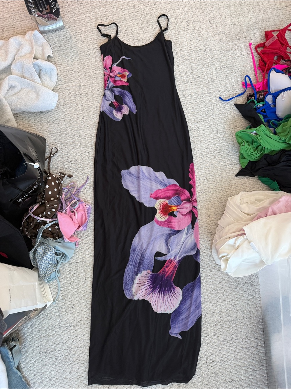 Peppermayo Black Maxi Slip Dress with Purple & Pink Floral Print